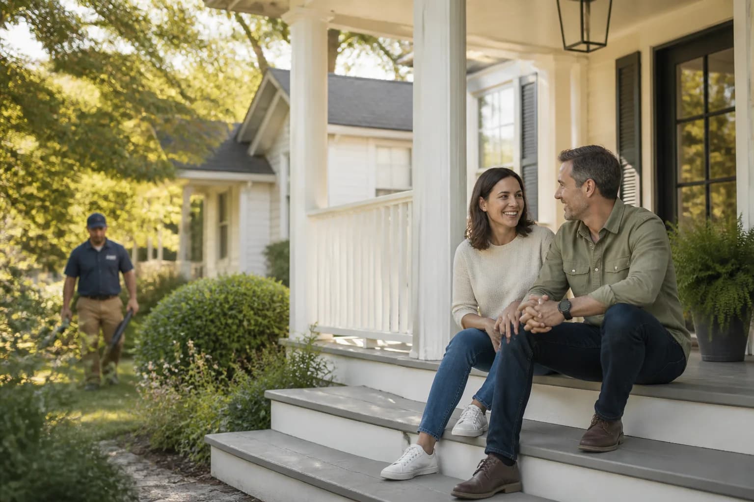 Homeowners enjoying a cared-for home while property service is completed