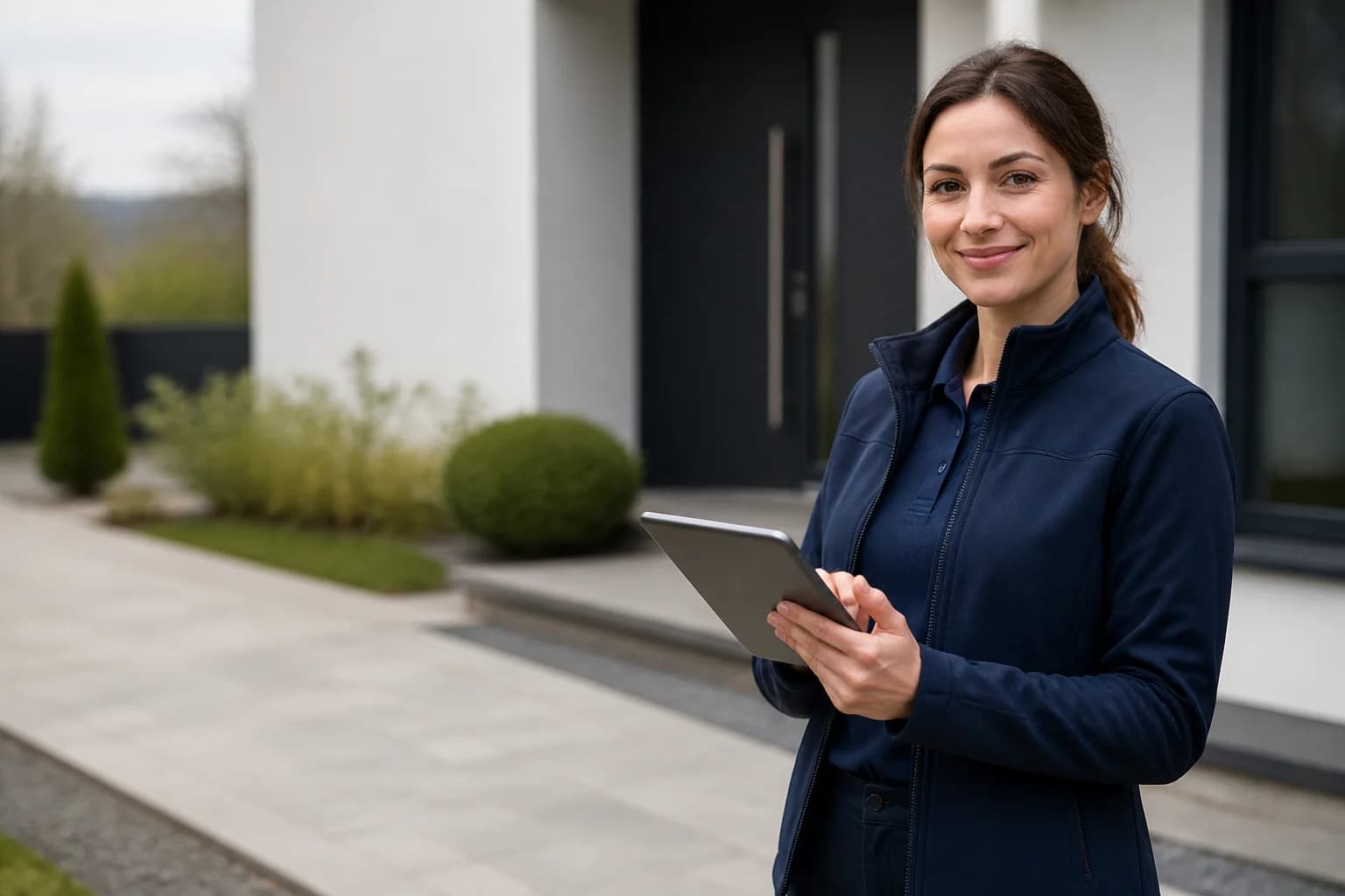 Friendly home-service professional holding a tablet outside a modern home