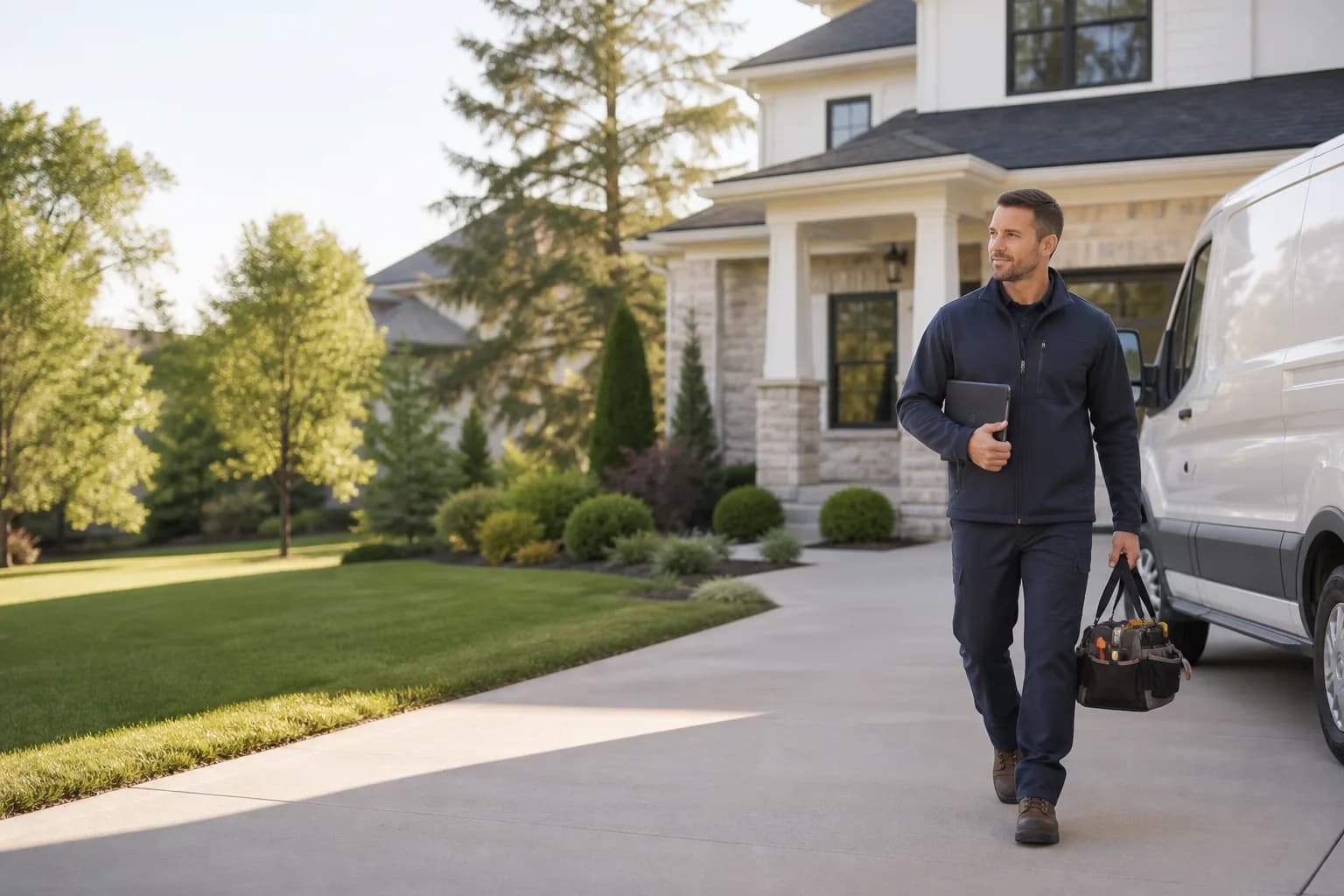 Service professional arriving at a cared-for modern suburban home