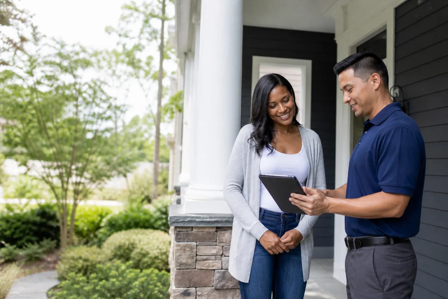 Homeowner reviewing service details with a local service professional
