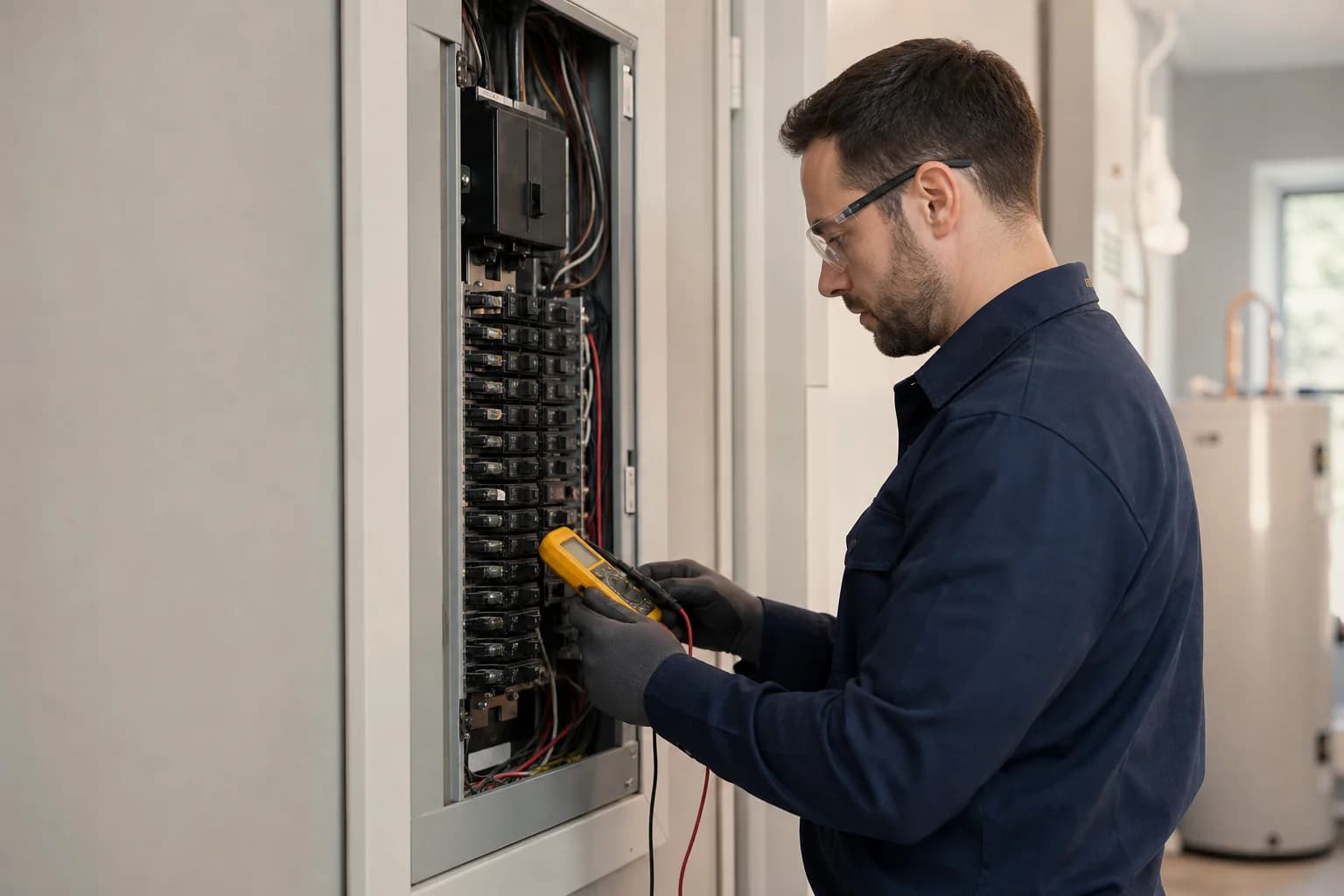 Electrician safely working on a residential electrical panel