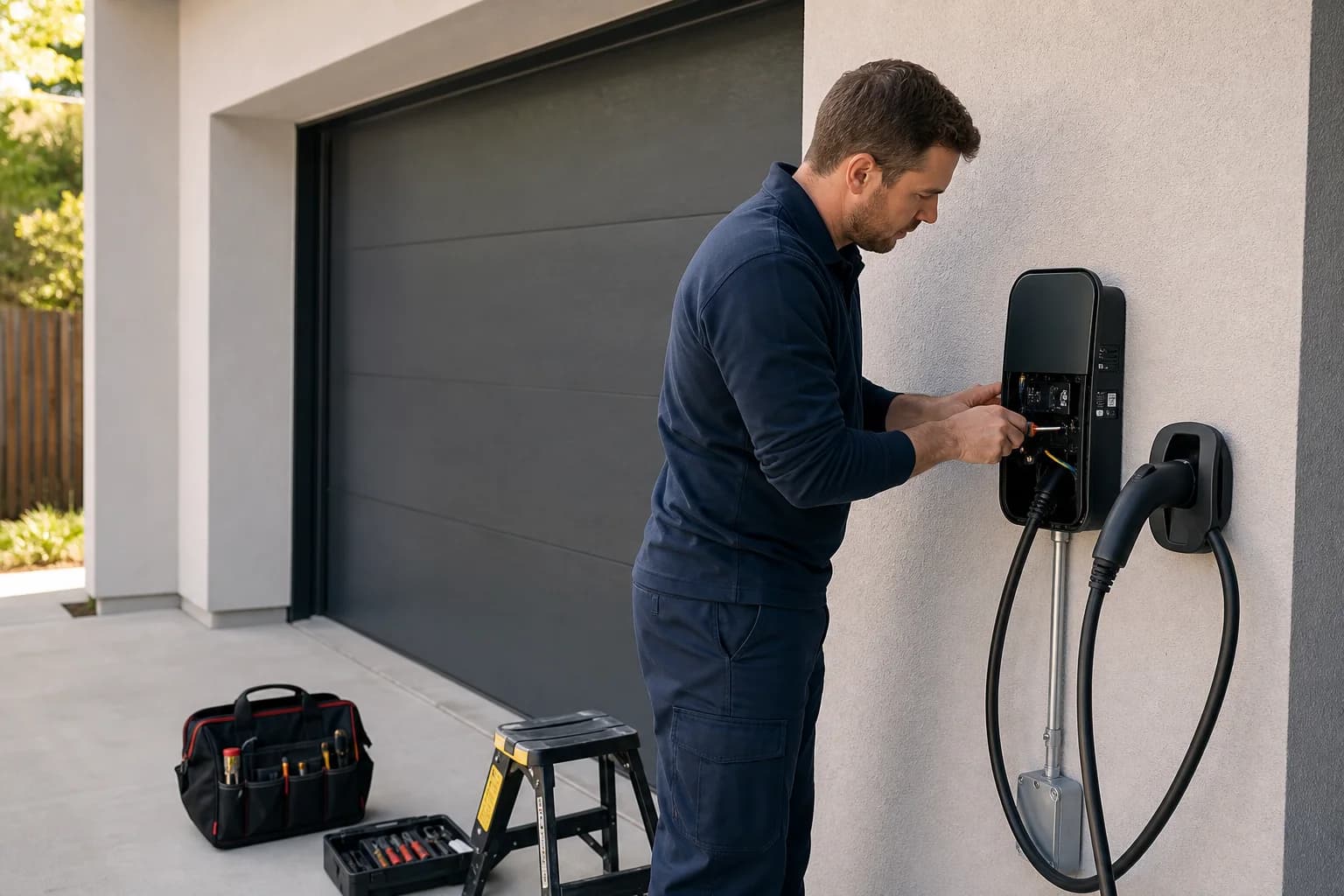 Professional installing a Level 2 electric vehicle charger at a home