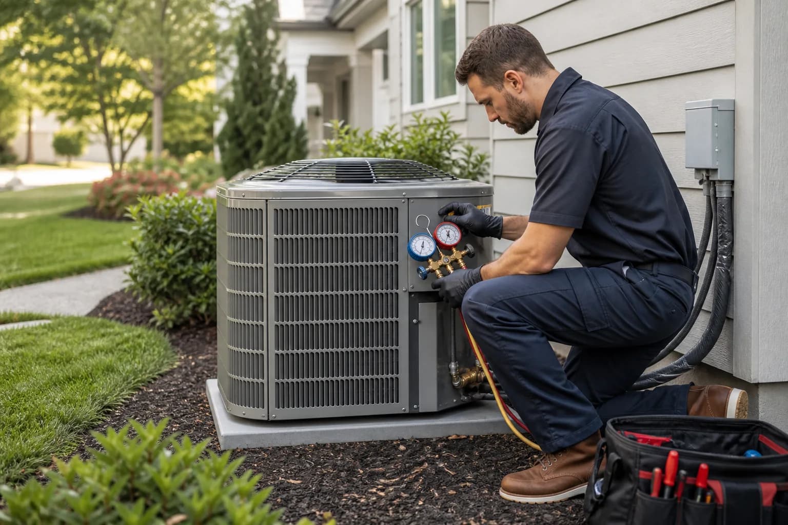 Professional HVAC technician servicing residential air-conditioning equipment