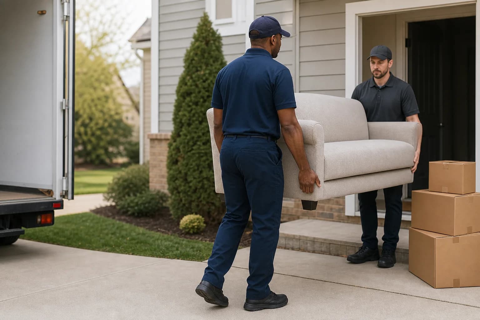 Professional crew safely removing furniture from a home