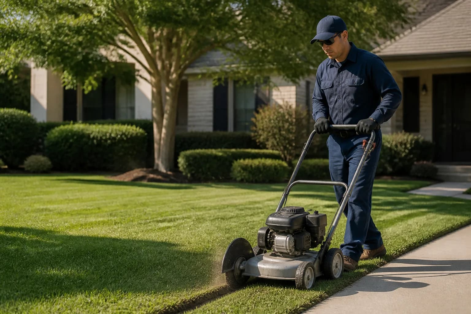Lawn-care professional mowing a clean residential lawn