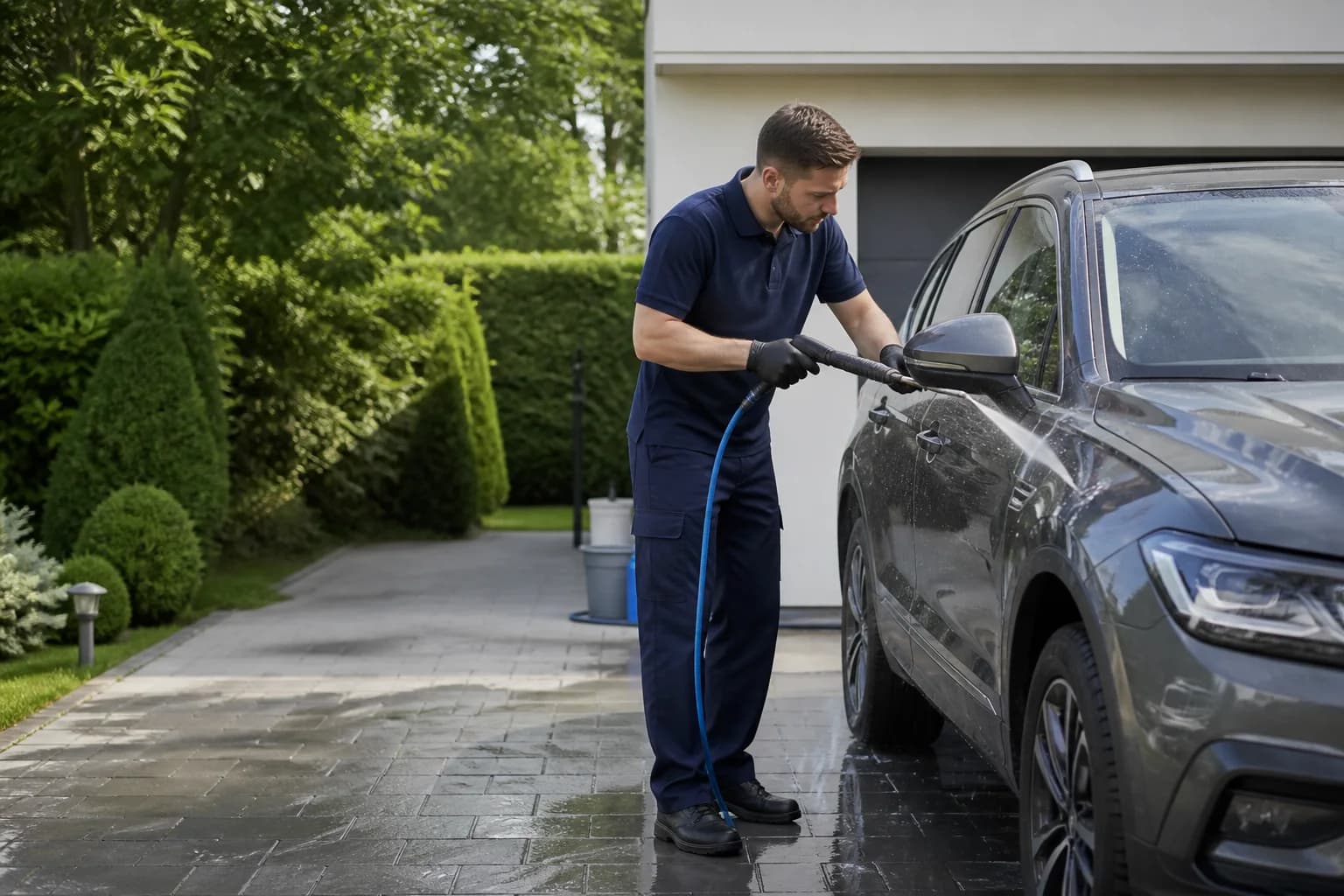 Mobile car-wash professional cleaning a vehicle in a residential driveway