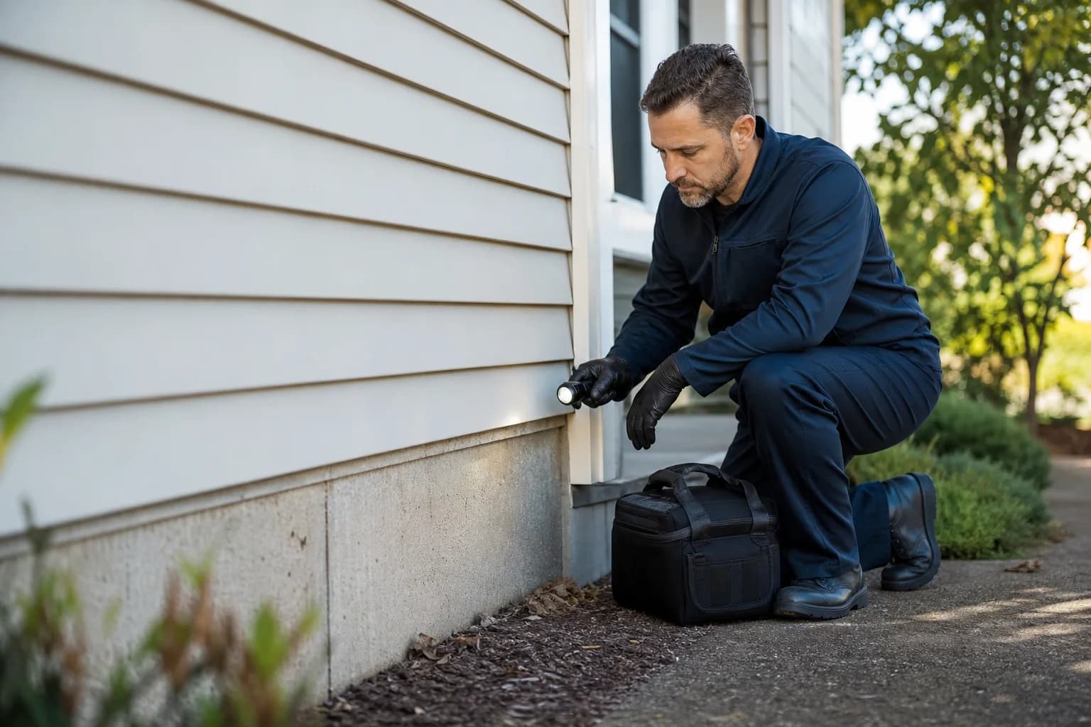 Pest-control professional inspecting a residential property