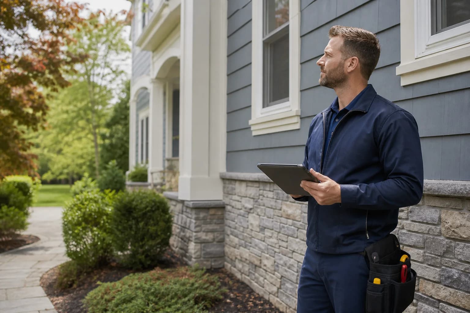 Property maintenance professional inspecting a well-kept home