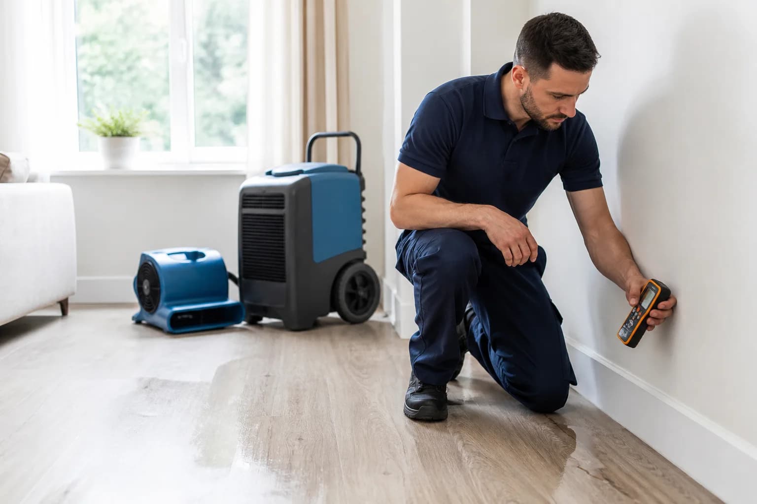 Restoration professional checking moisture beside residential drying equipment