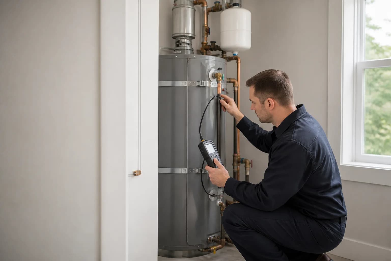 Technician inspecting a clean modern residential water heater